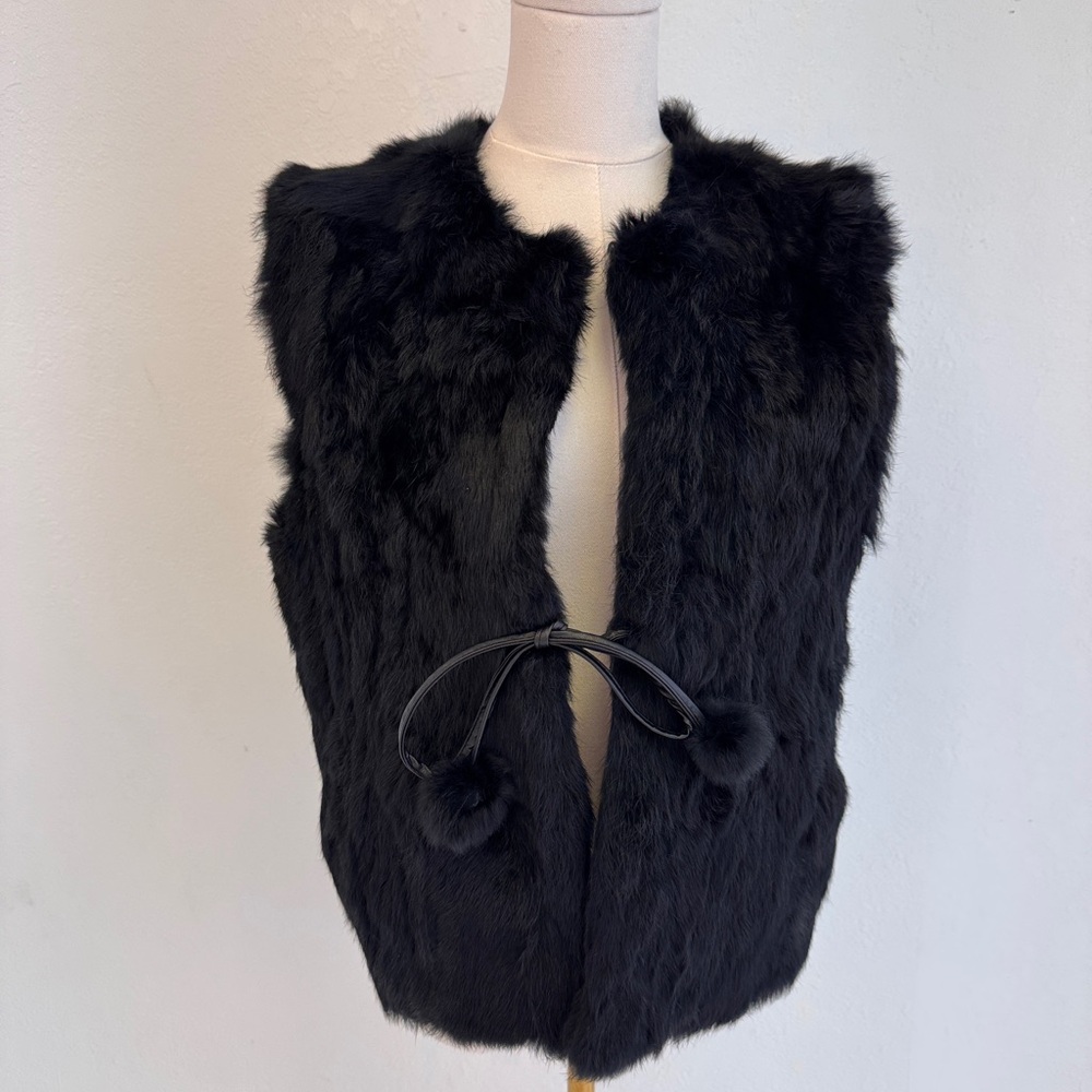 Black large real Fur Vest vintage with leather tie and Pom Pom detail closure